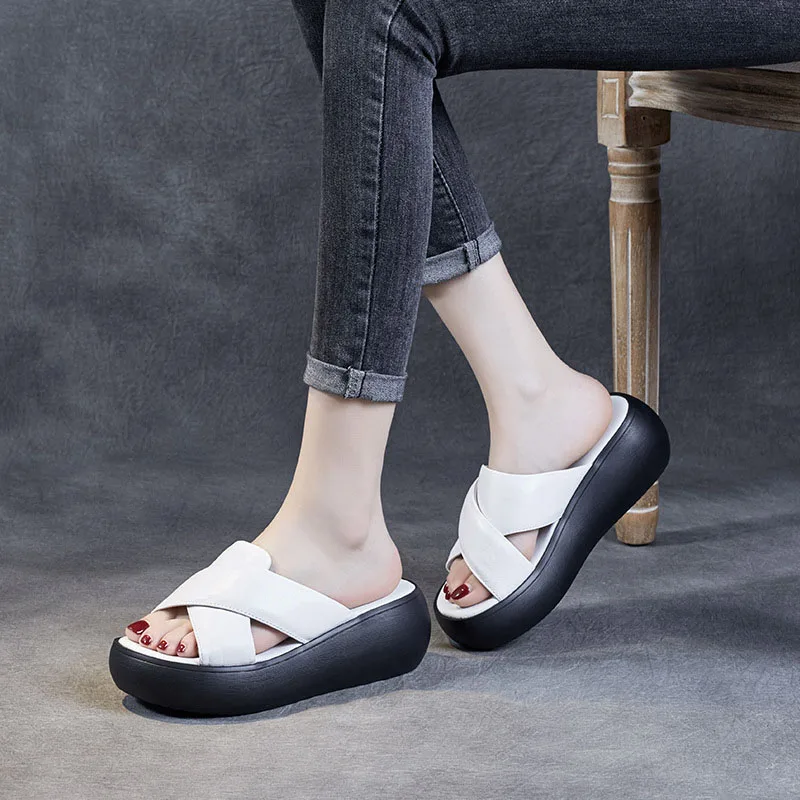 DRKANOL Summer Wedges Slippers Women Chunky Platform Casual Slides Cross Genuine Cow Leather Open Toe Women Sandals Slippers