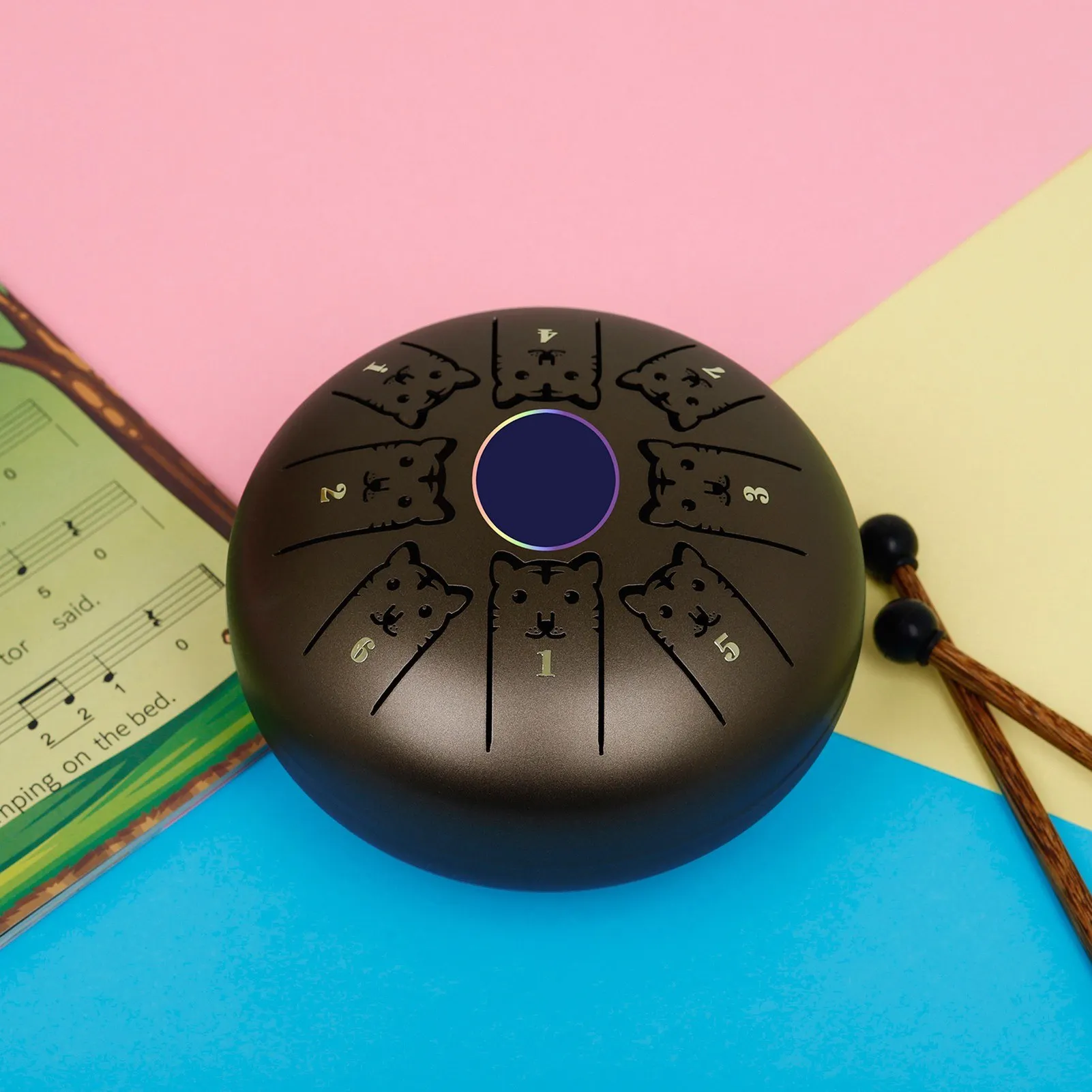 Hooqu 5.5 Inches Mini Steel Tongue Drum 8 Notes C Key Handpan Drum Chinese Zodiac Patterned Tank Drum Percussion Instrument With