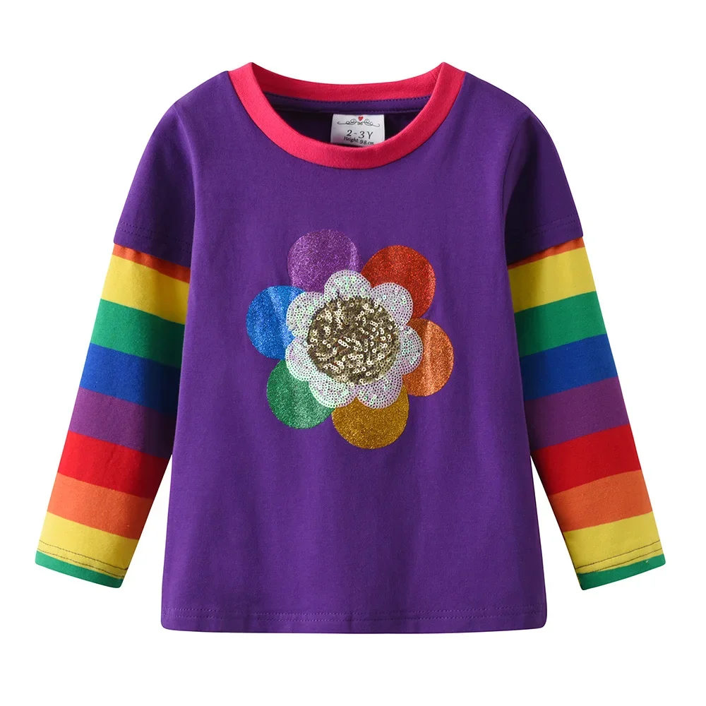 VIKITA Girls Clothing Sets for Autumn Spring Kids Flower Sequined Cotton Long Sleeve T Shirt and Rainbow Pants 2 Pcs 122-128cm