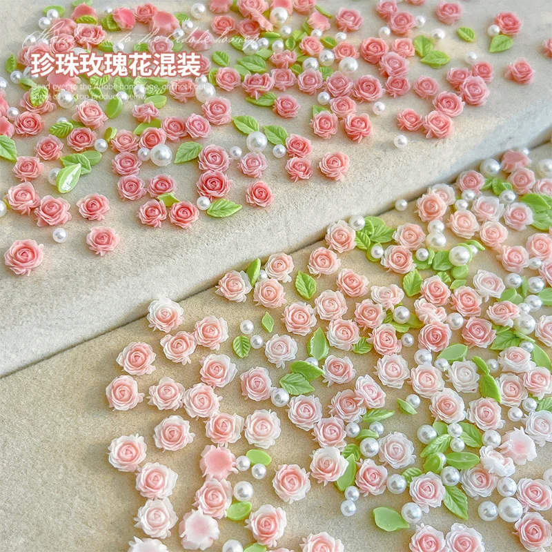 3D Mixed Size Nail Art Luxury Decoratons Rose Nail Charms Accessories 30pcs Pearl Resin Flower Pink Rose Red Supplies Parts DIY