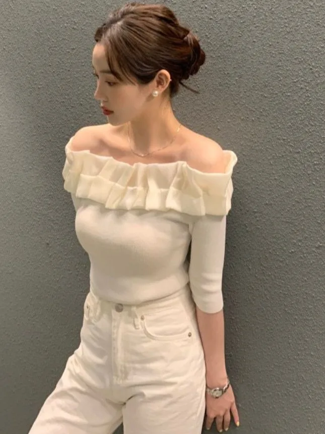 

Chic Summer New Sle Slim Fit oulder Bared One oulder ort Sve Top with Lace Hemline Commute Sle Women's Sweater