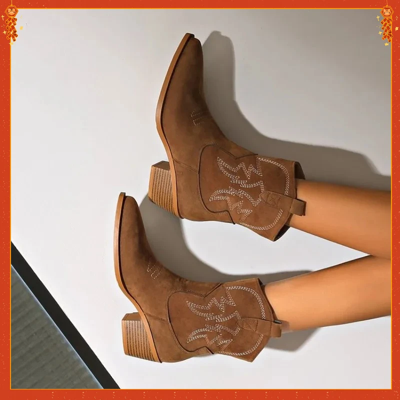 

New Short Women's Boots Leather Handmade Pointed Toe High Heels Spring Autumn Boots Women Shoes Cowboy Western Retro Woman Shoes