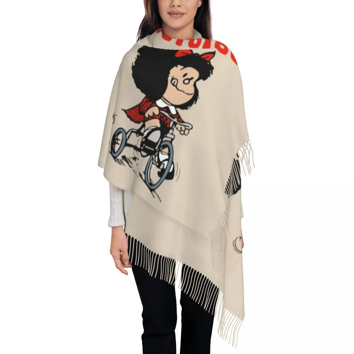 Mafalda Bicycle 3 Wheels Tassel Scarf Women Soft Quino Manga Cartoon Shawls Wraps Female Winter Fall Scarves