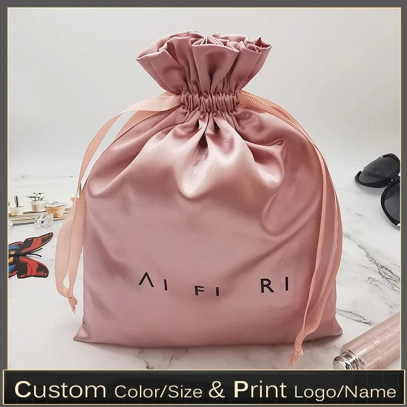 Custom Logo Satin Drawstring Bags Hair Extenssions Cosmetic Beauty Case Shoes Makeup Silk Packaging Bag Dustproof Sachet 50pcs