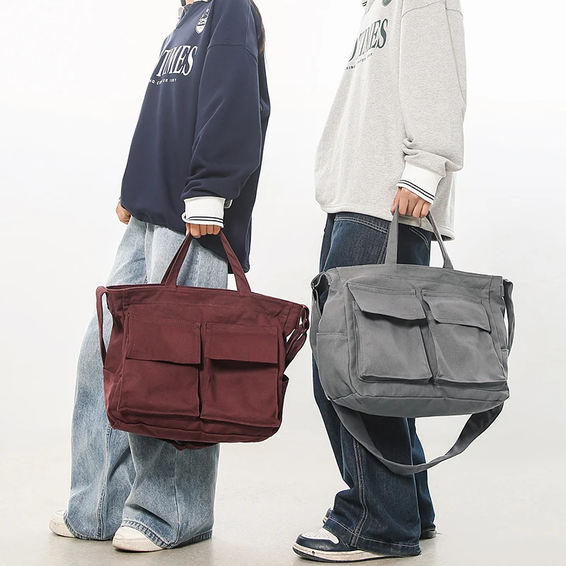 حقيبة نسائية كبيرة من القماش حقيبة صديقة للبيئة حقيبة ساعي كورية Y2K حقيبة كتف كروس للمتسوقين حقيبة مورس للجنسين جيوب حقائب يد عتيقة