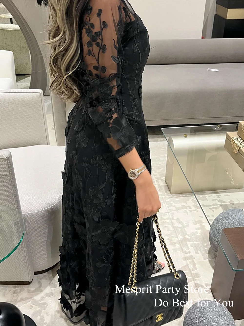 Popular Black Prom Dress Saudi Evening Dresses 2024 Scoop Neck Long Sleeves Flower Lace A Line Ankle Length Party Gown Weddings