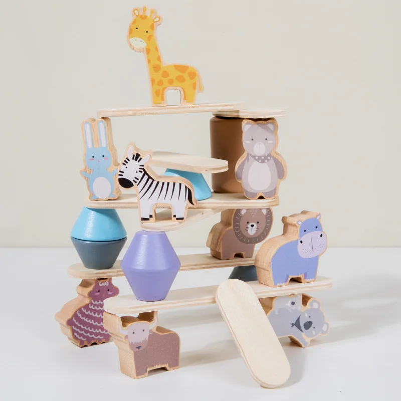 Wooden Animals Blocks Set Kids Montessori Toys Baby Play Game Educational Toys For Children Stacted Bricks Learning Toy