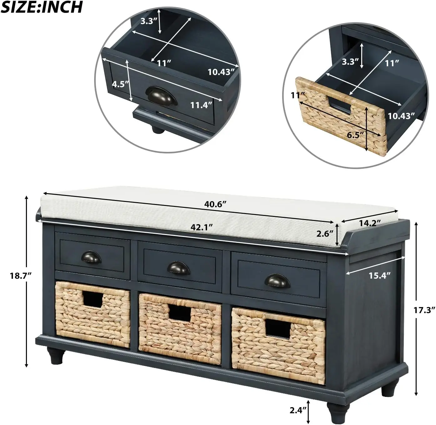 Wood Storage Bench 3 Drawers, 3 Rattan Baskets, Removable Cushion, Antique Navy