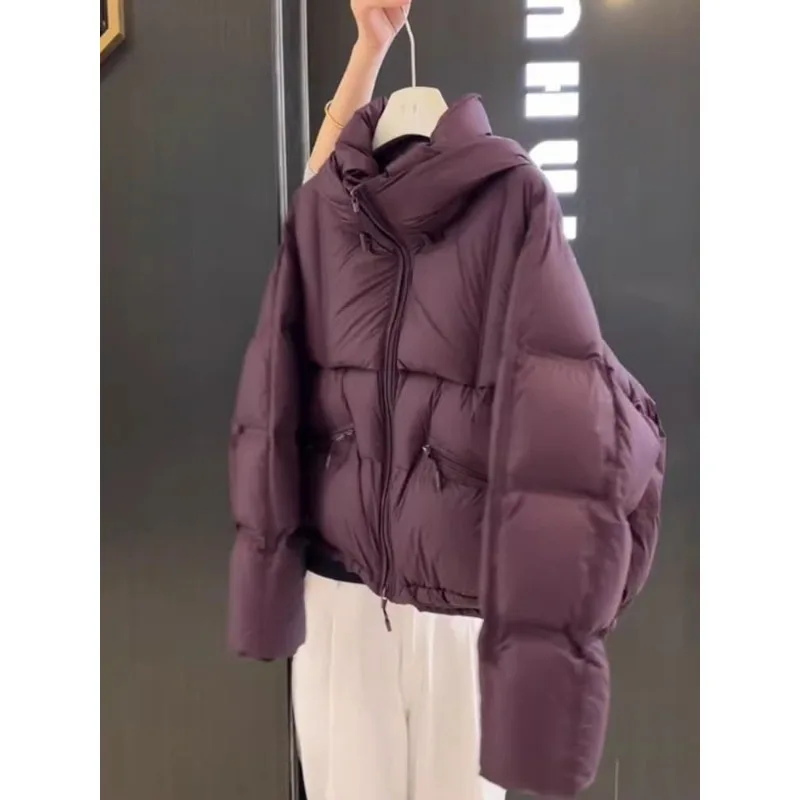 Outcoat corto morado con capucha y cremallera, chaqueta acolchada de algodón para mujer, invierno con espalda descubierta, estilo de gama alta, Top acolchado de algodón ligero y cálido