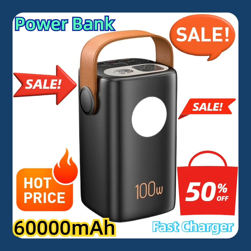 For Laptop IPhone Samsung Large Capacity Power Bank 60000mAh PD100W Fast Charger with Flashlight Portable External Spare Battery