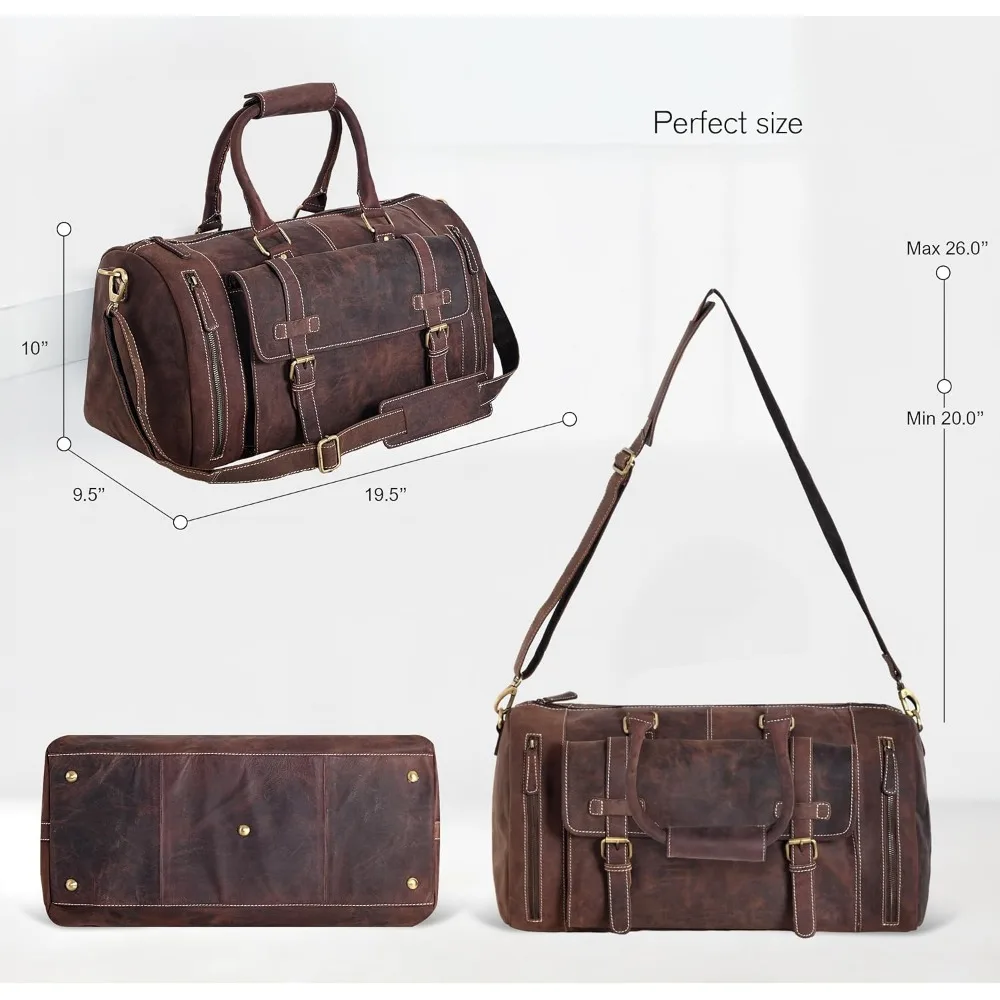 حقيبة دفل من الجلد الطبيعي للرجال - حقيبة سفر عتيقة لعطلة نهاية الأسبوع للحمل أثناء الليل واستخدام الصالة الرياضية
