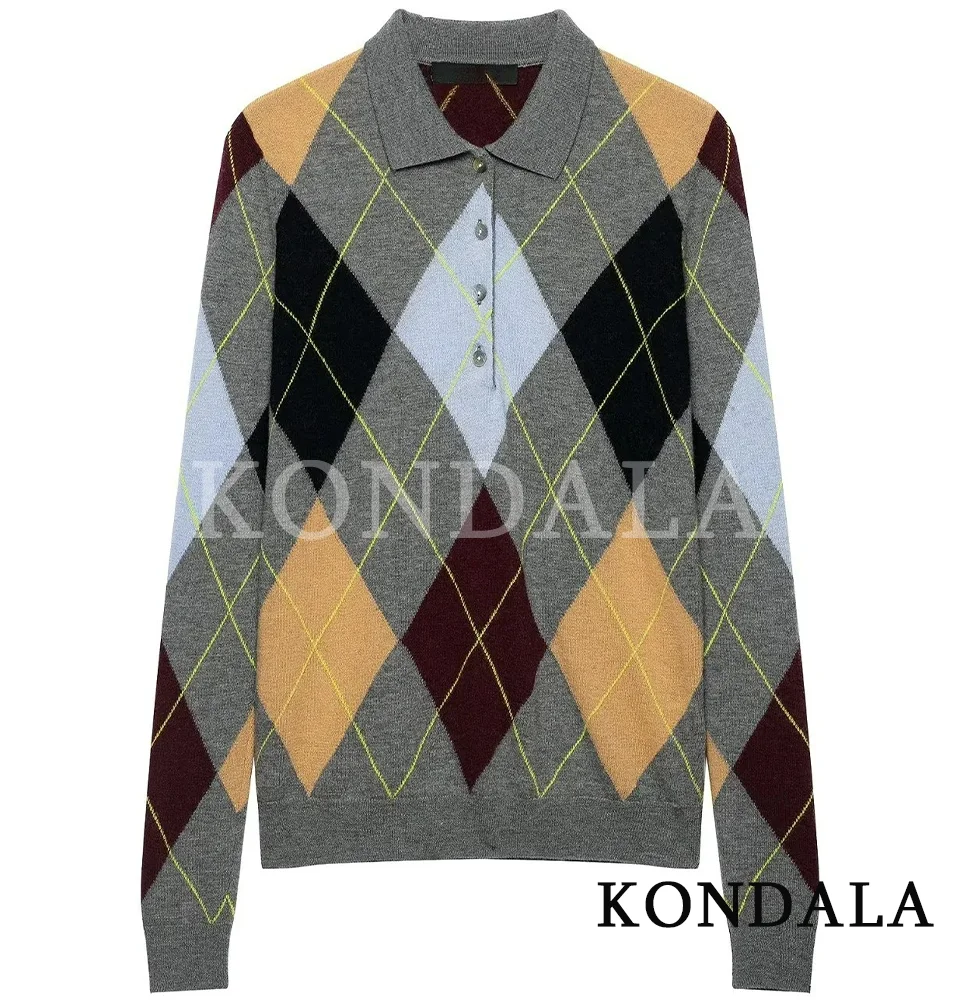KONDALA Women Trendy Argyle Long Sleeve Knitted Top Lapel Buttons Sweater New Fashion 2026 Spring Early Fall High Street Outwear