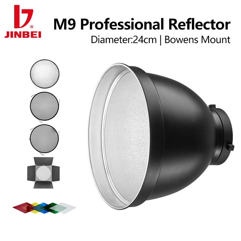 JINBEI M9 9inch 24cm Reflector Diffuser Bowens Mount with 10/30/60 Degree Honeycomb Grid Barndoor for Studio Light Strobe Flash