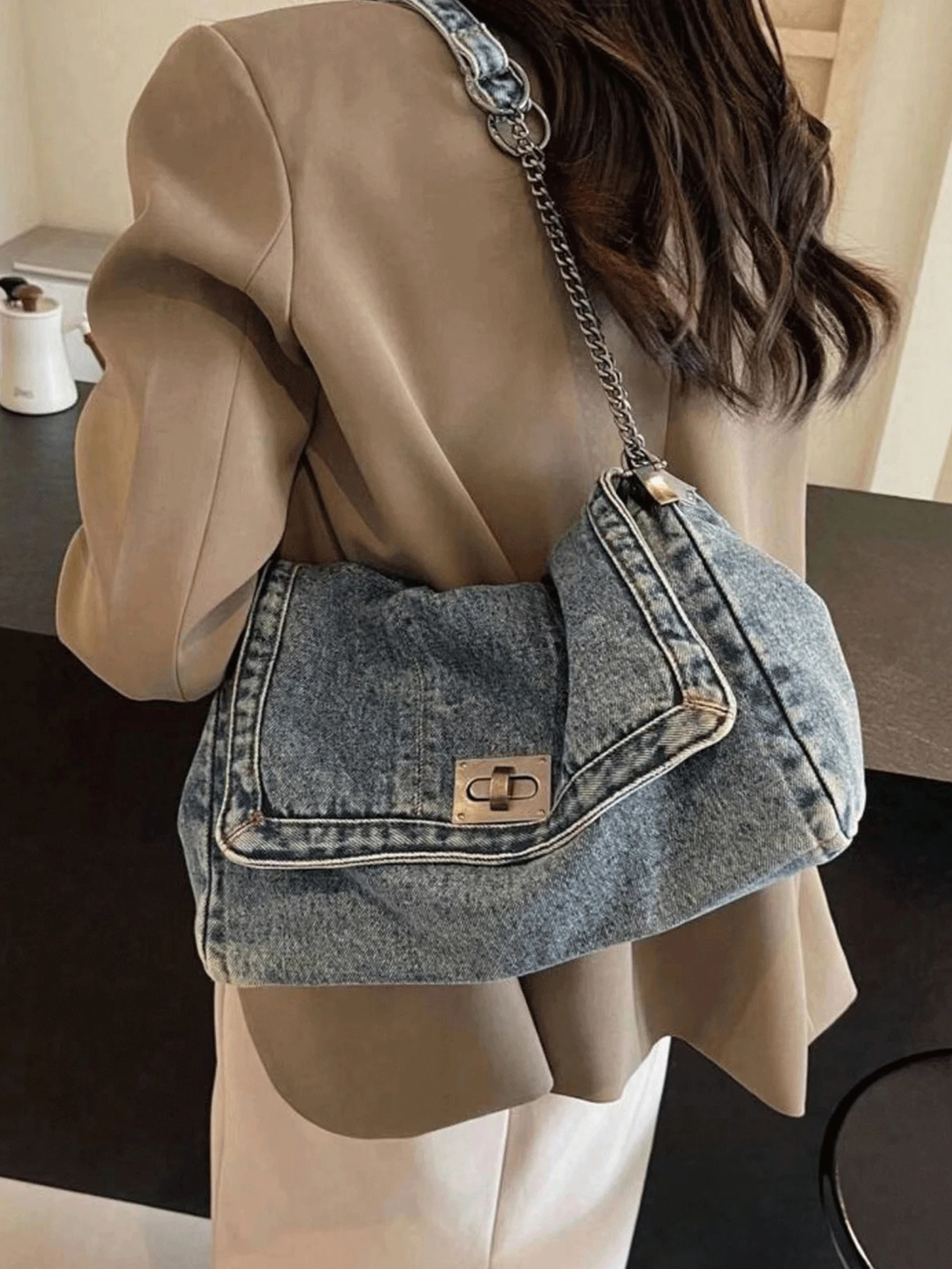 Retro Casual Denim Damen Tasche Neue Senior Kette Umhängetasche Große Kapazität Pendler Einkaufstasche – Detail 5