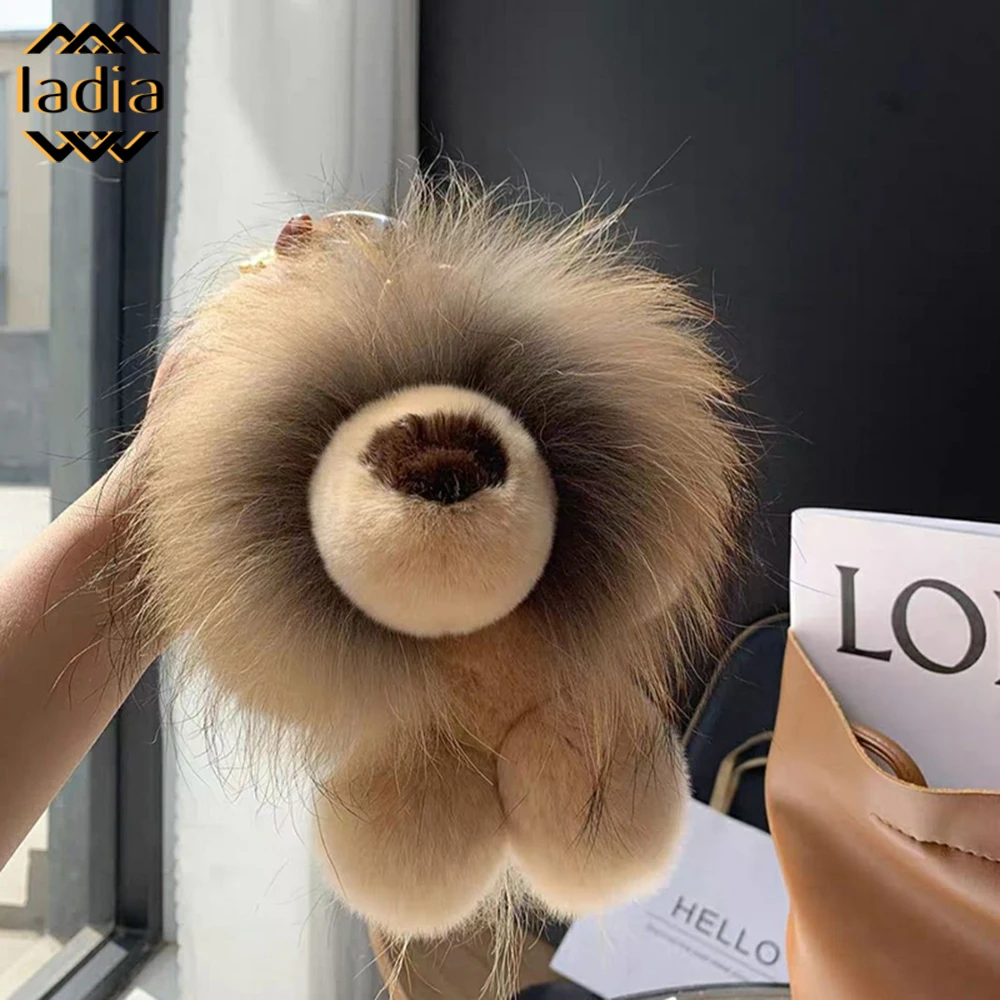 Luxury Real Rex Rabbit Fur Lion Pendant Keychain Plush Doll Toy Kids Trinkets Bag Car Keyring Ornament Birthday Gift Decoration