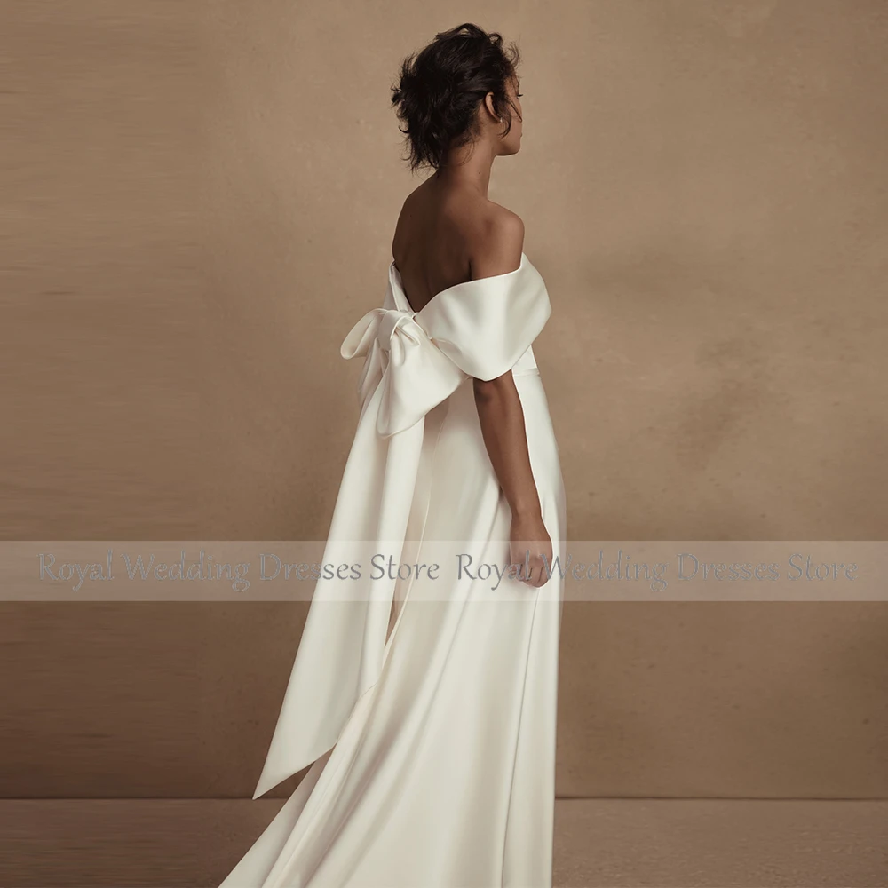 Elegant Wedding Dress Lvory Satin Pleat Front Fork Bow Wedding Party A-line Off-the-shoulder Long Dresses Bespoke Occasion Gown