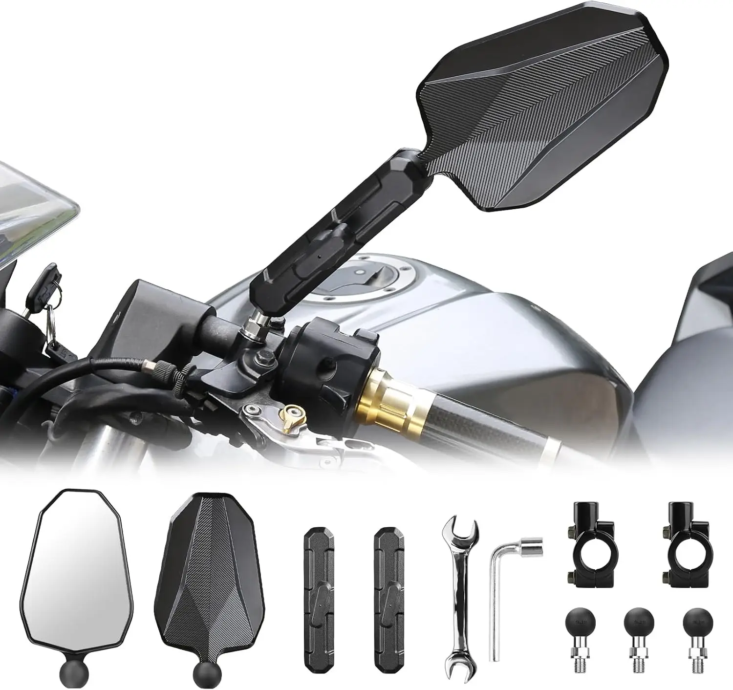 CNC Aluminum Alloy Adventure Bike Mirrors, M10 x 1.25 Thread, Motorcycle Mirror Fits B-Size Ball Mounts and 7/8 Inch Handlebar, Compatible with Adventure, Dual-Sport, Mini, and Enduro Motorcycles