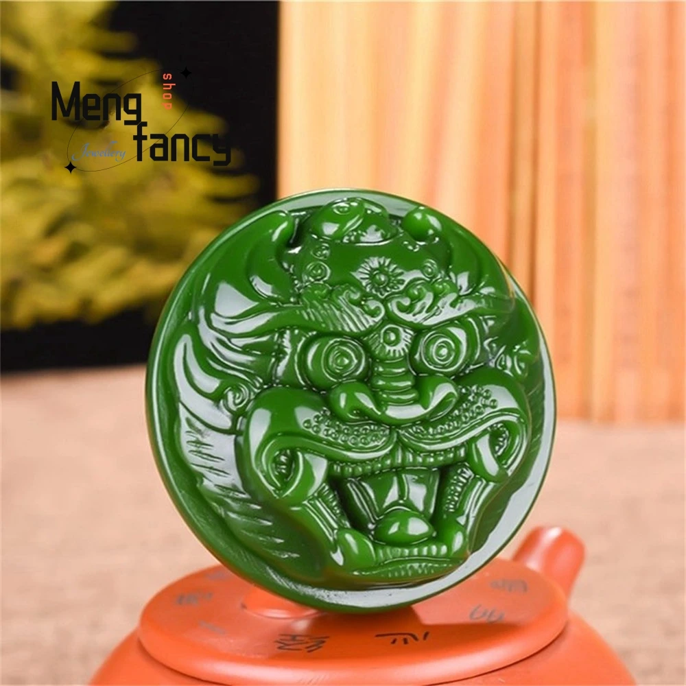 

Premium Natural Spinach Green Jade Traditional Auspicious Beast Carving Pixiu Dragon Wolf Eagle Carved Waist Buckle Holiday Gift