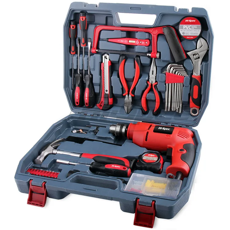 Hispec tool set 130 pc 300W Power Drill Hand Tool Set box Combo Plier Claw Hammer Wrench Box Cutter & more in a tool case