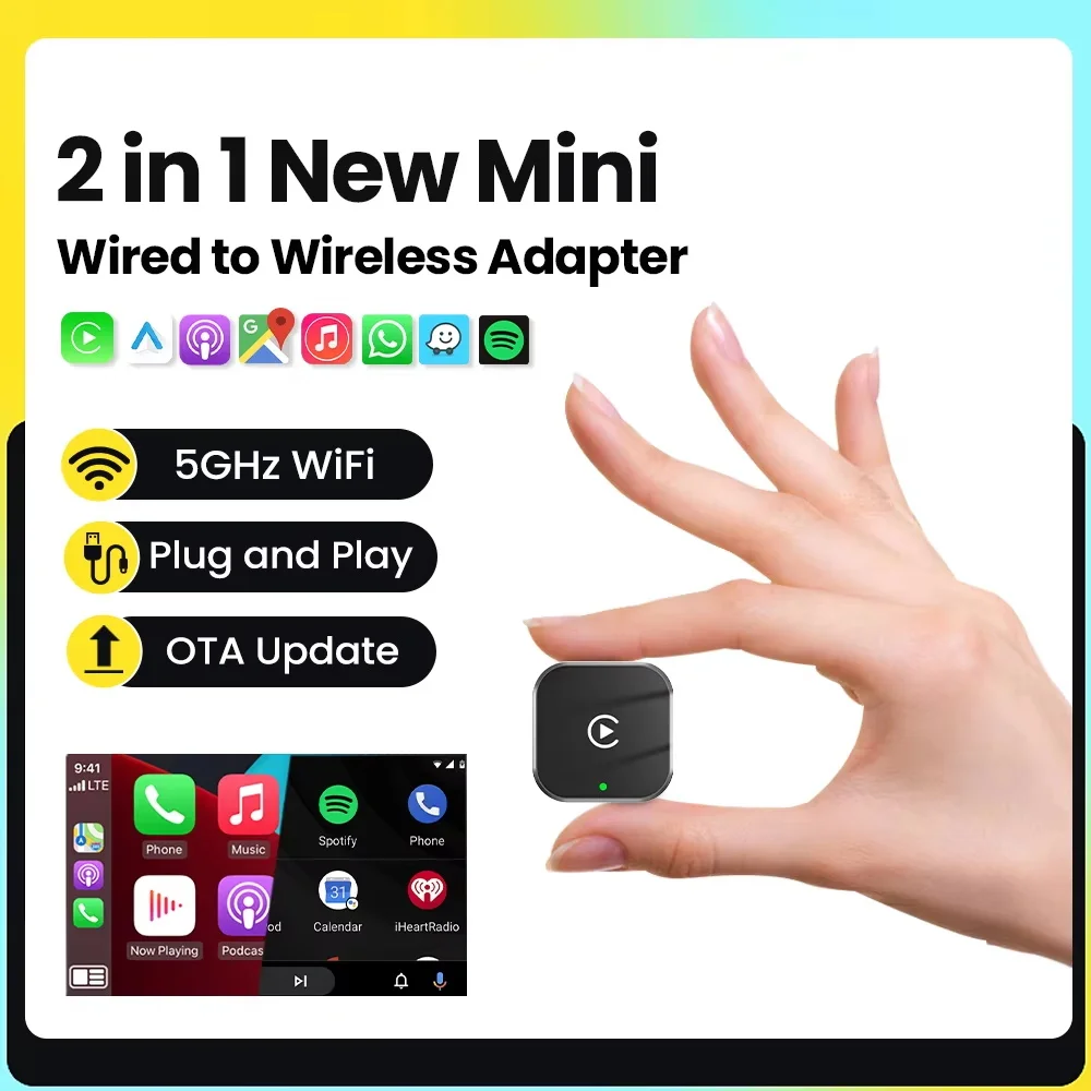 

Беспроводной адаптер CarPlay 2026 2-в-1: мини-донгл для Apple и Android (проводной в беспроводной), Plug and Play, универсальный автомобильный аксессуар без задержек