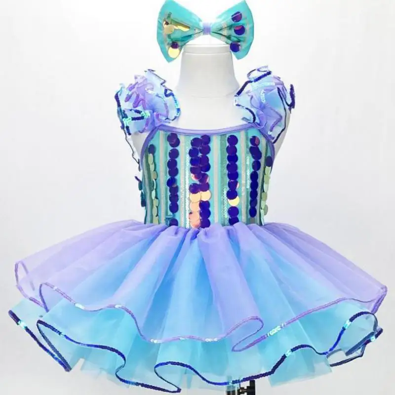 Jupe Tutu de Ballet à Paillettes pour Fille et Enfant, Vêtement Bouffant à Manches Volantes, Tenue de Performance, Costume de Ballet pour Femme Adulte