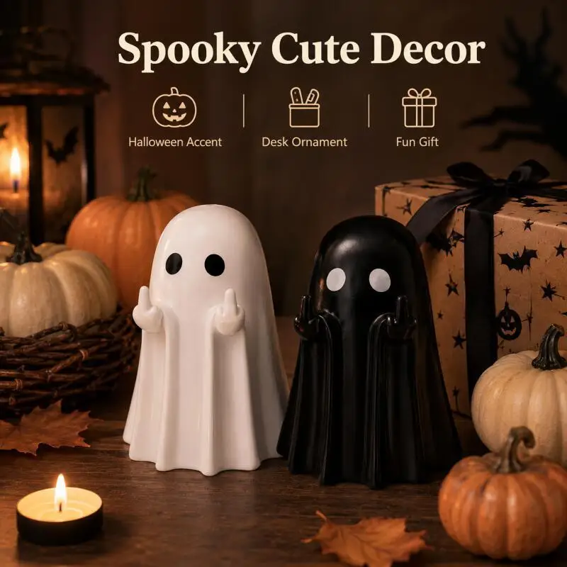 Cute Ghost Decor Figurines, Black & White Halloween Desk Ornaments for Home Shelf Party Display