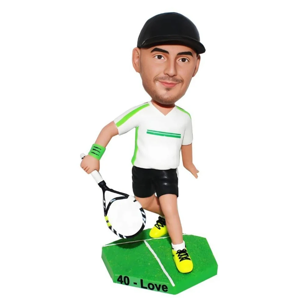 

Custom Tennis Player Bobblehead, Sports Figurine with Racket, Green Court Base Sculpture, Retirement Gift Office Decoration
