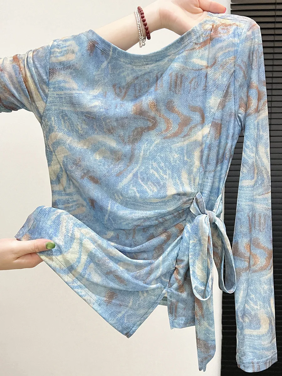Blue Ombre Side Tie Waist Long Sleeve UV Protection T-Shirt Loose Fit Air Conditioning Shirt Lazy Top Women's Fashion 2026 Ea...