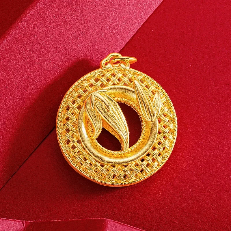 9999 Real Gold 24K Ethnic Stylenational Style Hollow Flower Silk Weaving Pattern Safety Buckle Bamboo Leaf Pendant Necklace