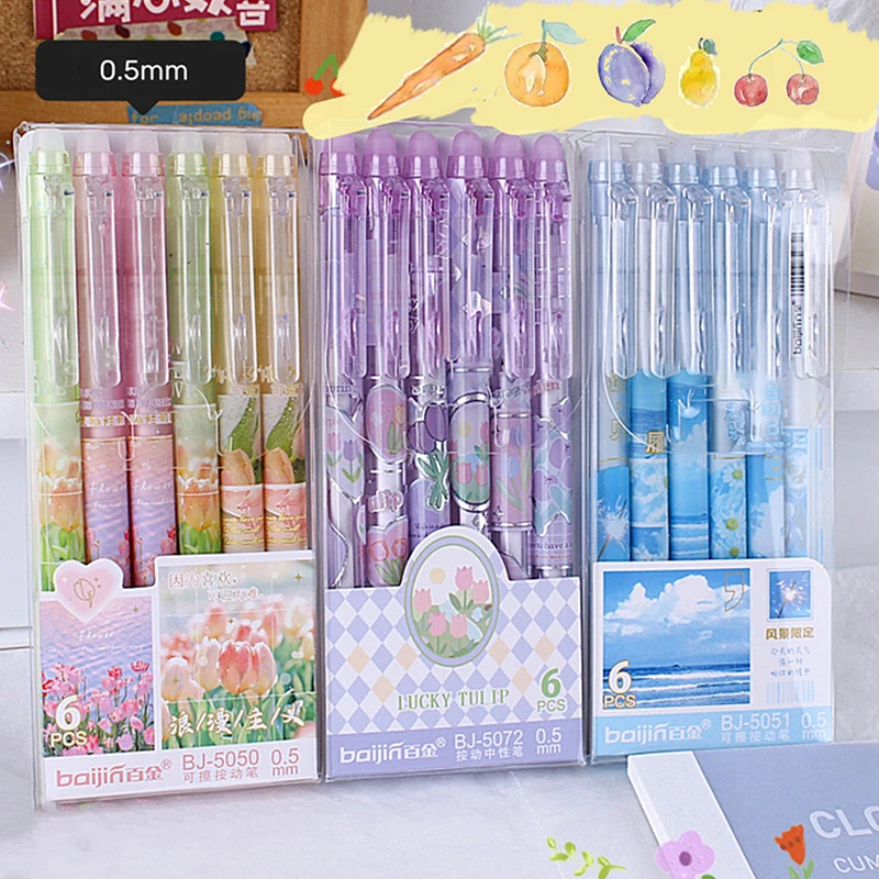 

6PCS Ins Erasable Neutral Pens Flower Landscape Design Gel Pen Kawaii Press Pen With Erasers For School Office Korean Stationery