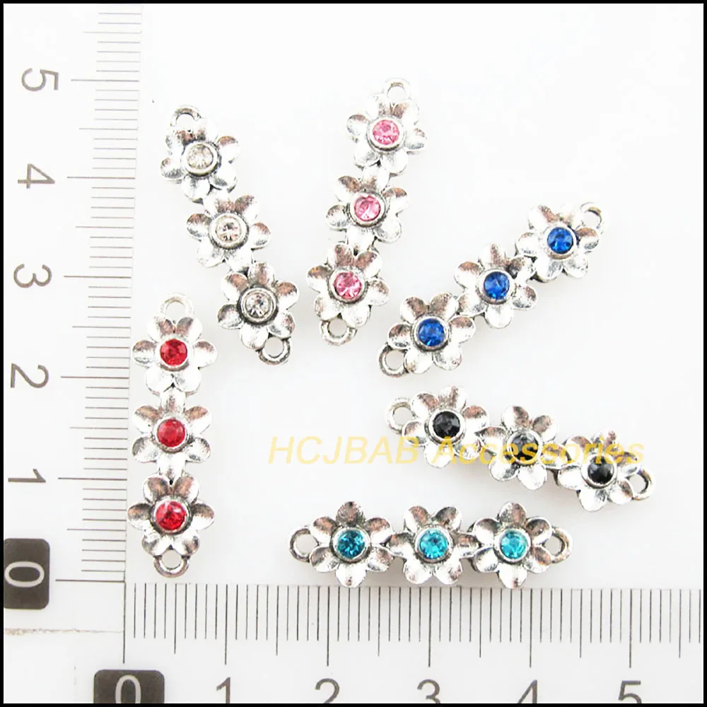 12 New 3-Flower Charms Tibetan Silver Color Crystal Mixed Connectors 8.5x28mm