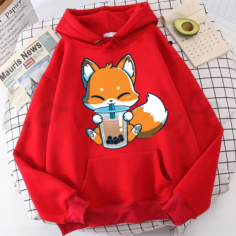 Boba Milk Tea Print Women Hoodies Korean Style Clothes Kawaii Plus Size Sweatshirt Cute Cartoon Fox Graphic Female Streetwear