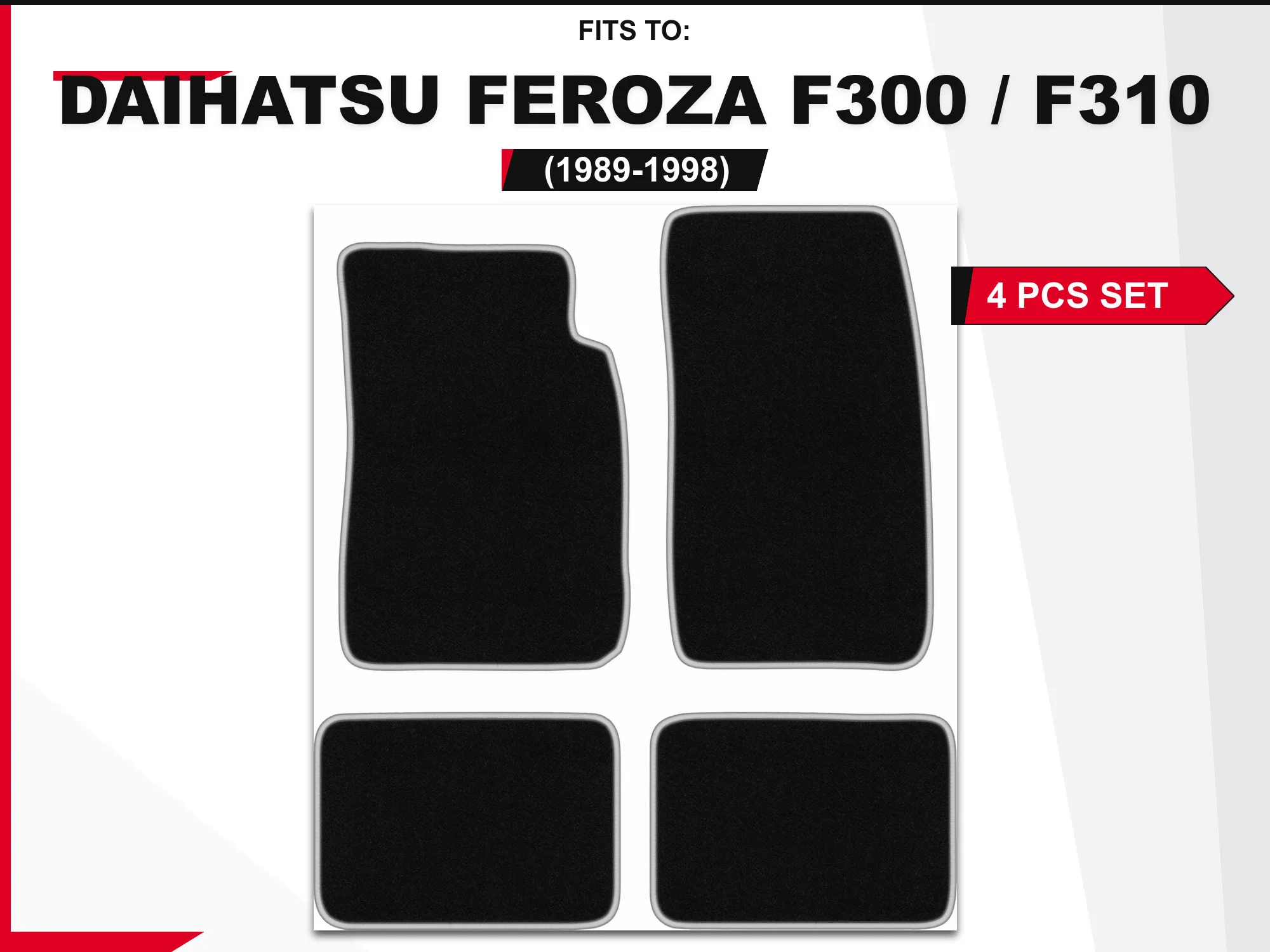 Velourstapijten voor: Daihatsu Feroza F300 / F310 1989-1998 zwart en zilver bijpassende set autovloerbedekkingen