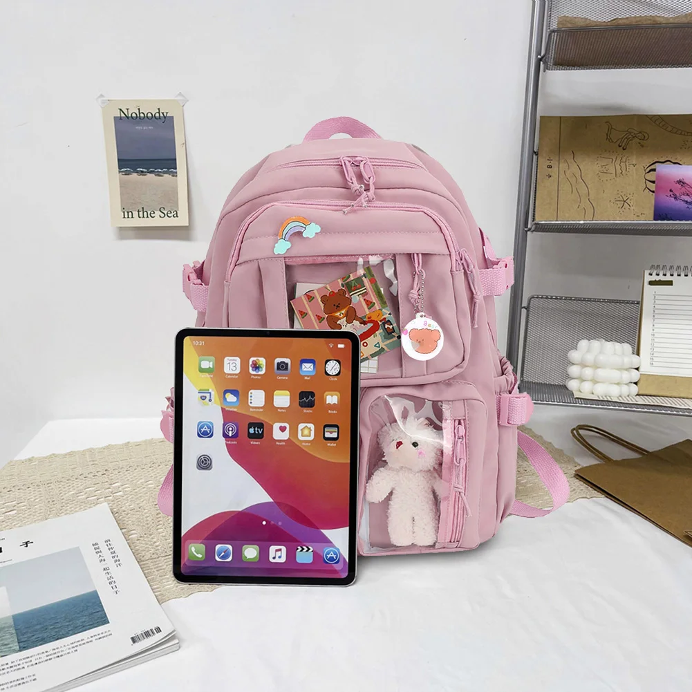 

Студенческий школьный рюкзак, модный студенческий рюкзак из нейлона с плюшевой булавкой-подвеской, милый большой вместительный японский стиль для отпуска