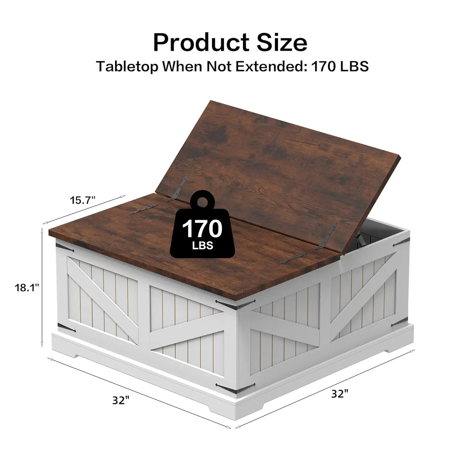 Farmhouse Coffee Table With Storage, 32" Square Wood Center Table With Dual Flip-Top Lids, Hidden Storage Compartme