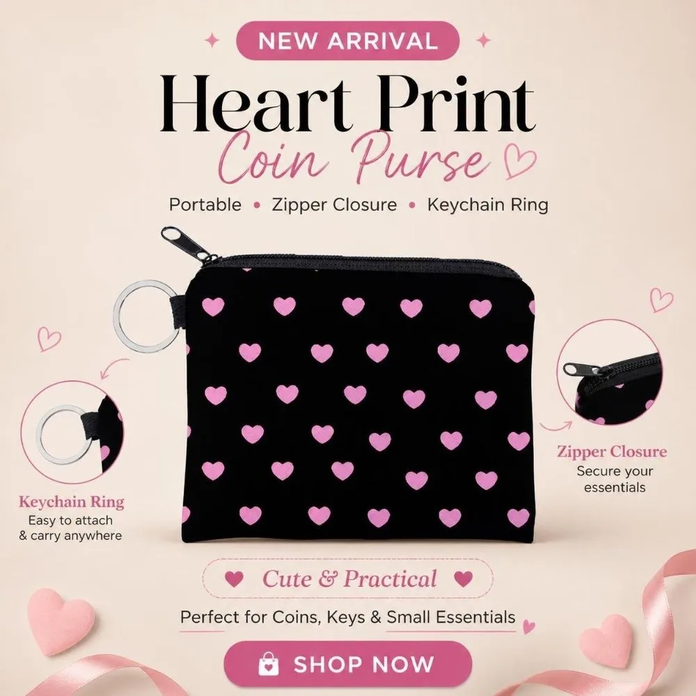 Love Heart Black Coin Purse Printed Easy Access Zipper Makeup Bag Zip Pouch with Key Ring Coin Key Card Holder Travel Use