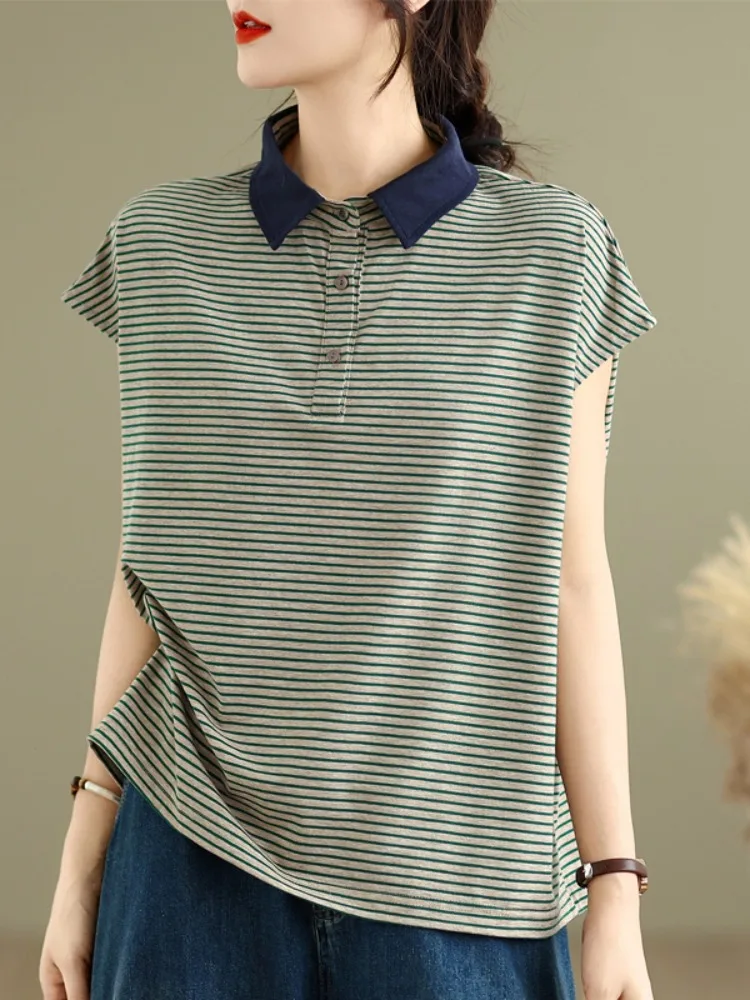 

Ele Pure Cotton Striped ort Sve irt Женская летняя блузка больших размеров с отверждающим воротником, закрывающая живот