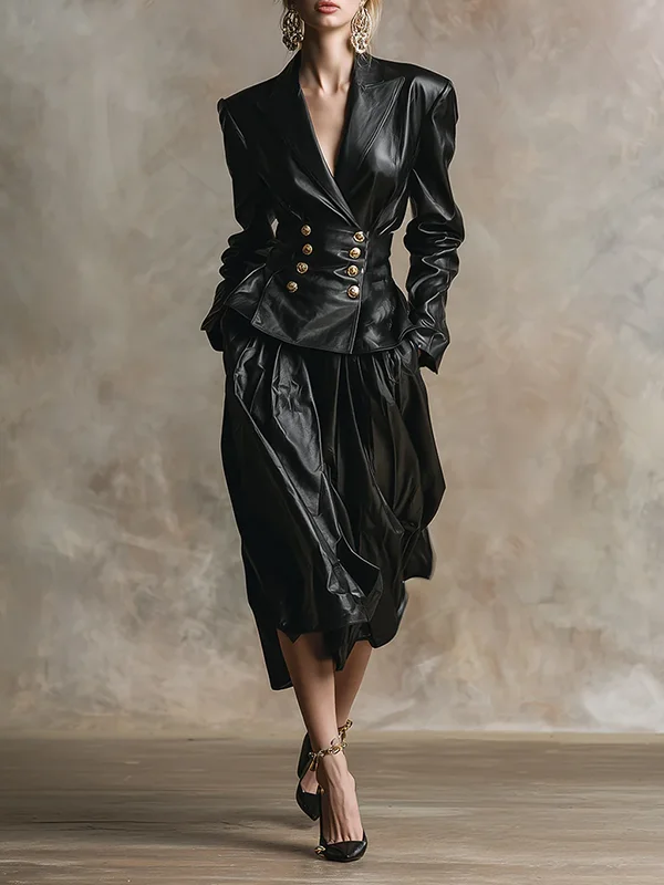 نموذج الأناقة الحضرية سترات من الجلد الصناعي للنساء 2025 الشتاء الخامس الرقبة مزدوجة الصدر المرأة خمر الأسود بولي Leather الجلود أبلى