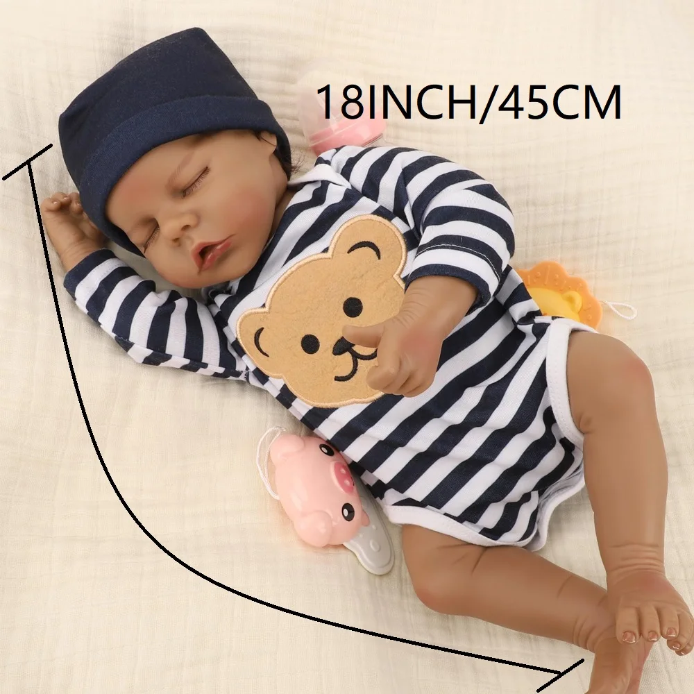 

18-Inch Reborn Black Twin Dolls, Vinyl Material, Striped Pajamas, Poseable Limbs, Color Box Packaging, Ideal for Gifting