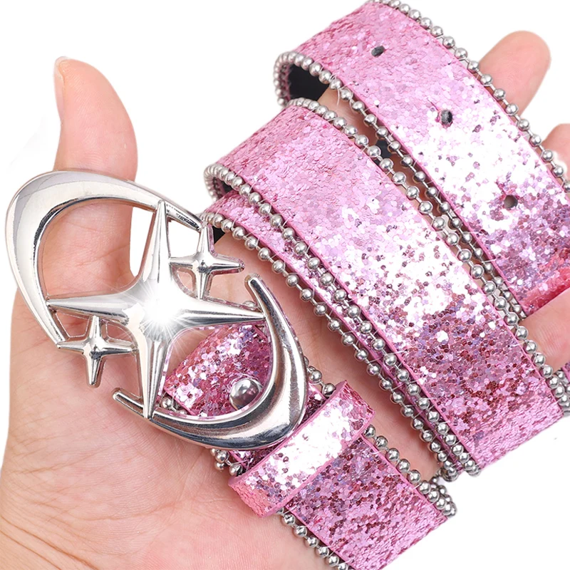 

Y2K Shiny Star Sequin Belt Cool Girl Fashion Metal Moon Pentagram Leather Waist Band Party Colors Women Trend Cloth Accessories