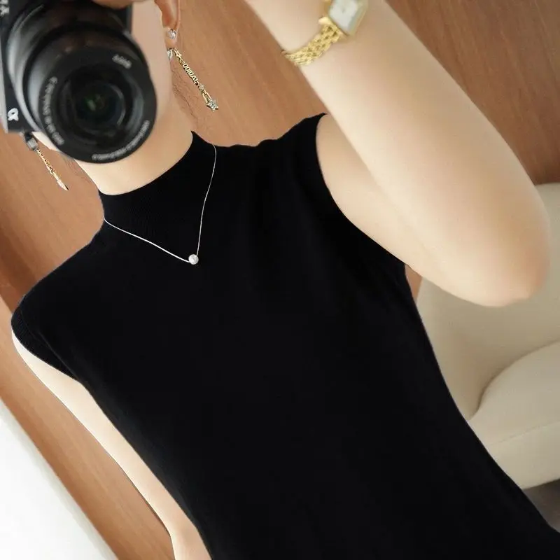 Women's 2024 Pullover Sleeveless Half High Neck Patchwork Versatile Ice Silk Knitted T-shirt Spring and Summer New Tank Tops