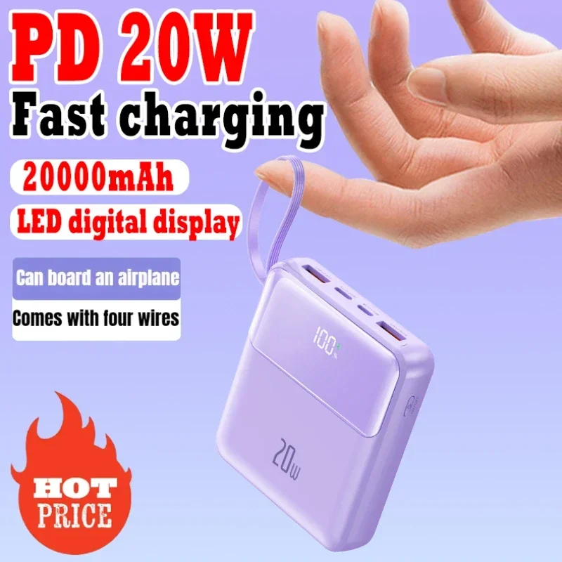 New 20000mah Mini Power Bank Cable LED Digital Screen Display Suitable for Samsung Huawei Fast Charging Power Bank