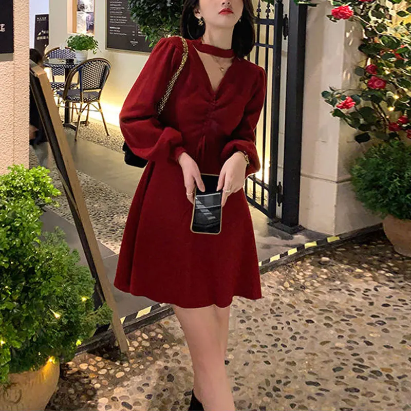 Christmas Knitted Halter Midi Dress V-Neck Women\'s Clothing Vintage Fashion Folds Autumn Winter Solid Color Basic A-Line Dresses