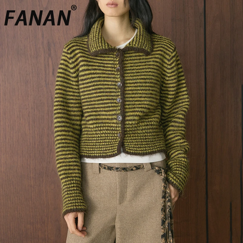 

FANAN винтажный полосатый вязаный свитер контрастного цвета для женщин, водолазка, однобортное толстое теплое пальто, новинка зимы 202, новинка