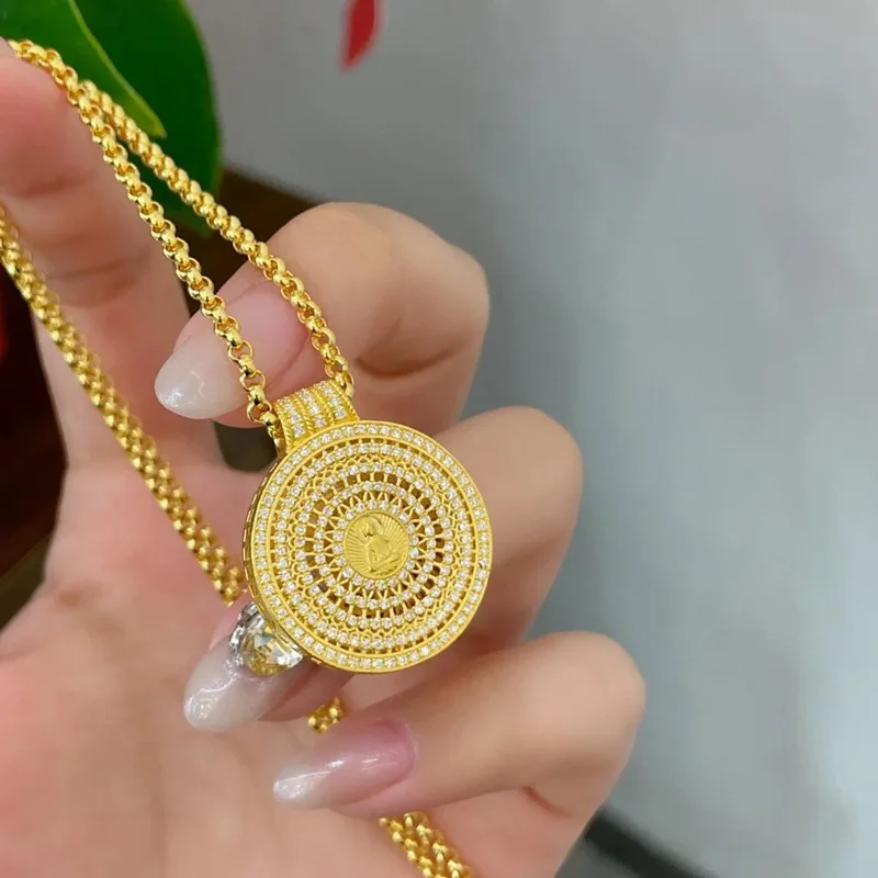 Luxury 24K 9999 Pure Gold real gold Gold shop with women's diamond perfect compass pendant clavicle necklace
