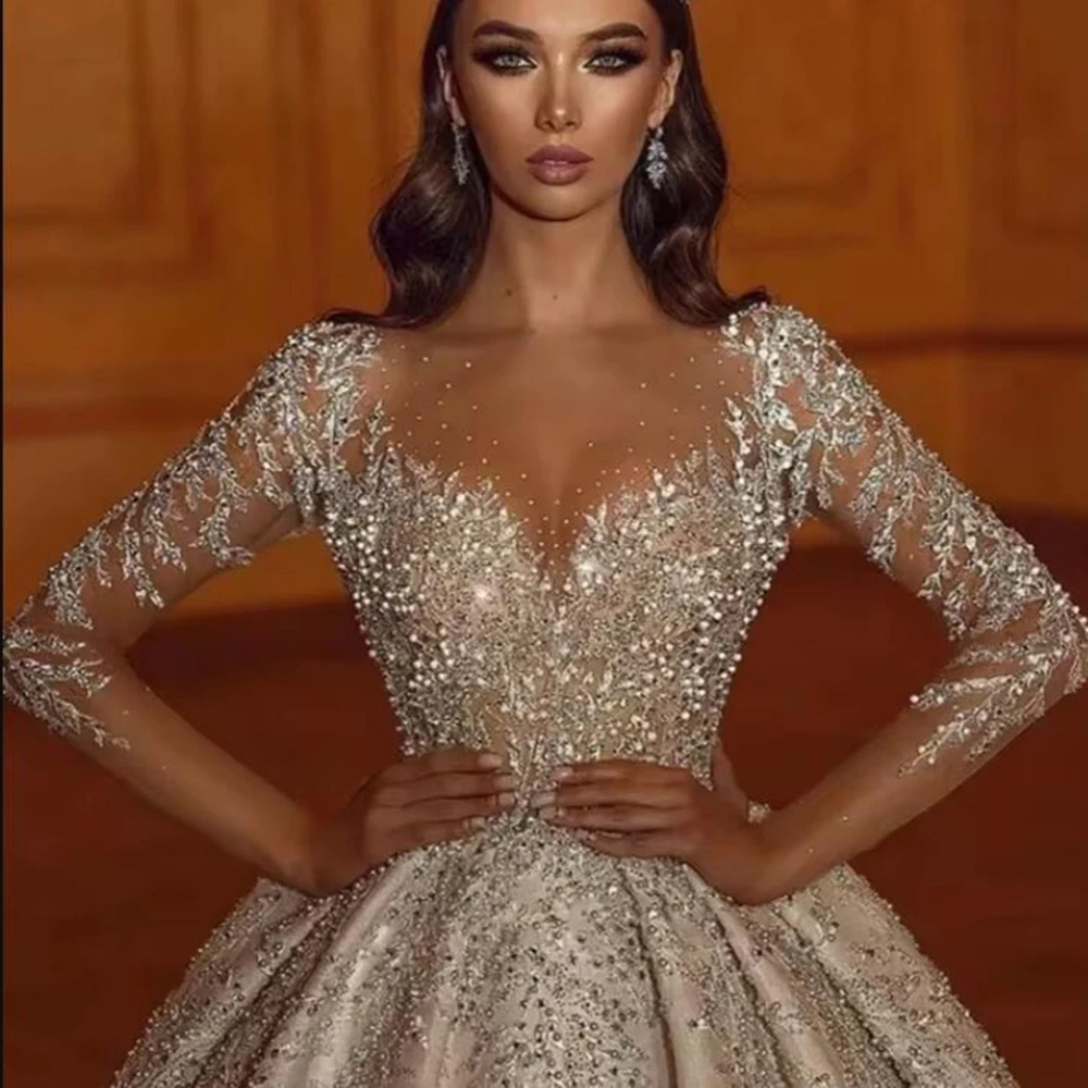 Sparkling Crystals Beaded Appliques Wedding Dresses For Bride Long Sleeves O Neck Princess Bridal Gown Customized Robe De Mariee