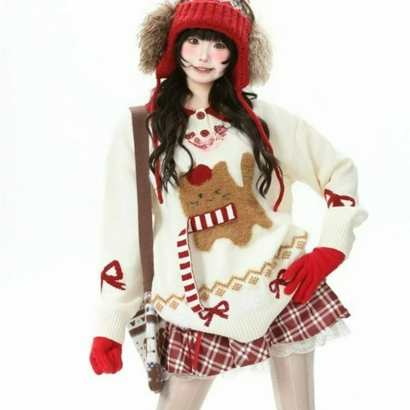 Świąteczny czerwony sweter z dzianiny z nadrukiem kotka dla kobiet, nowy styl jesień/zima 2026, modny, słodki, uroczy, luźny, swobodny top