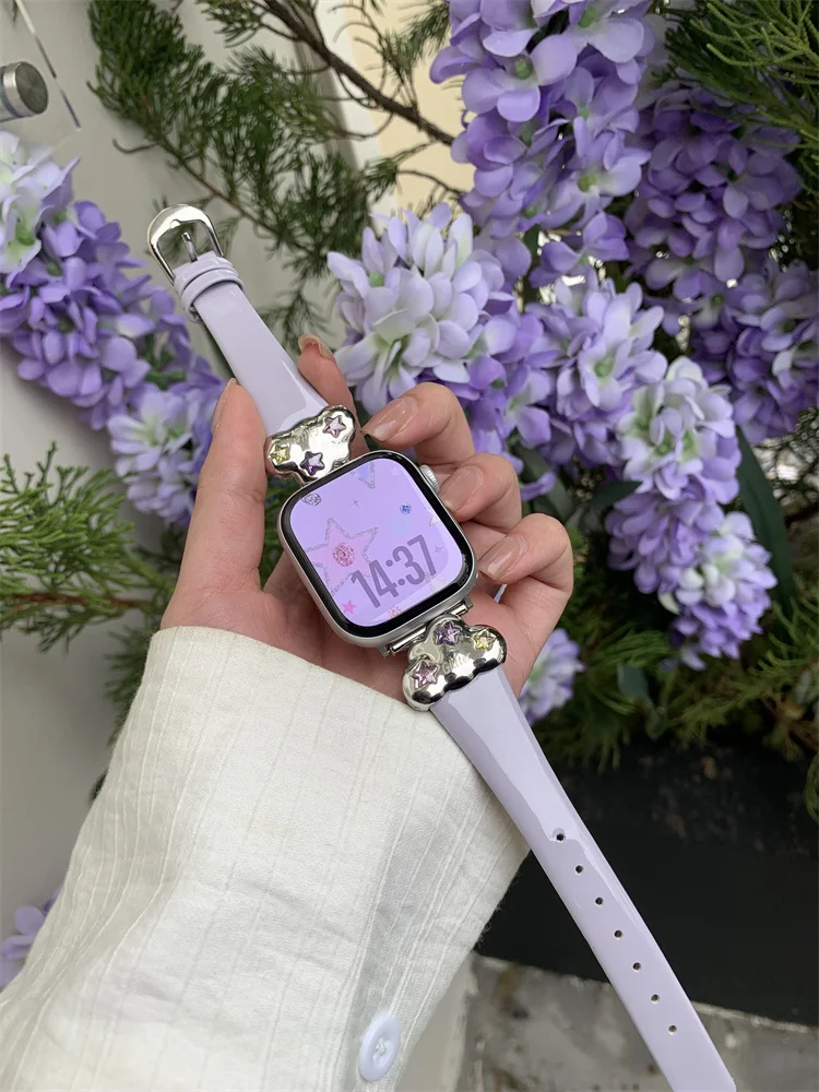 Luxury Leather Strap For Apple Watch 38mm 40 41mm 42mm 45 46mm 49mm Cute Diamond Bracelet Band For iWatch Ultra 10 9 8 SE 7 6 5