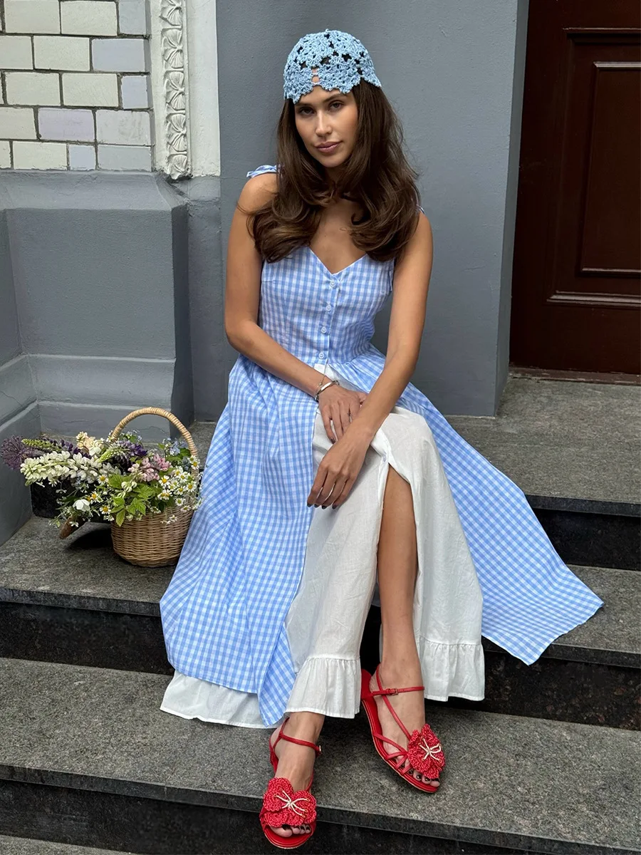 Bornladies Damen-Sommerkleid 2026, neues blaues kariertes Kleid, frischer Urlaubsstil, gespleißtes ärmelloses Kleid