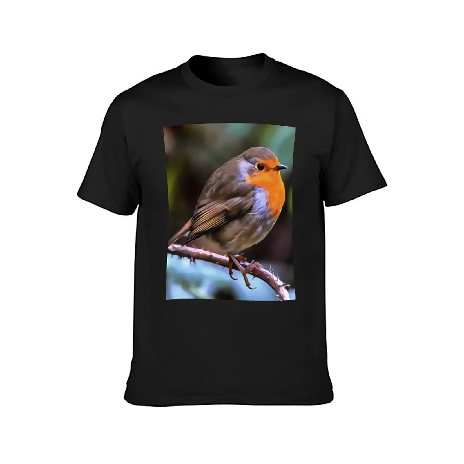 Plump Robin Perched On A Branch Wildlife Art T-Shirt boys animal print vintage clothes customizeds T-shirt men